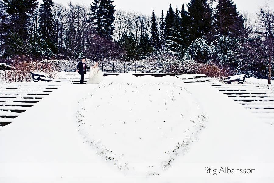 Vinterbröllop med fotografering på Botaniska trädgården i Göteborg